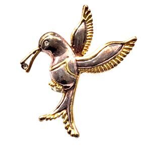 Signed MJ Hummingbird Pin Gold Silver Tone Rhinestone Vintage